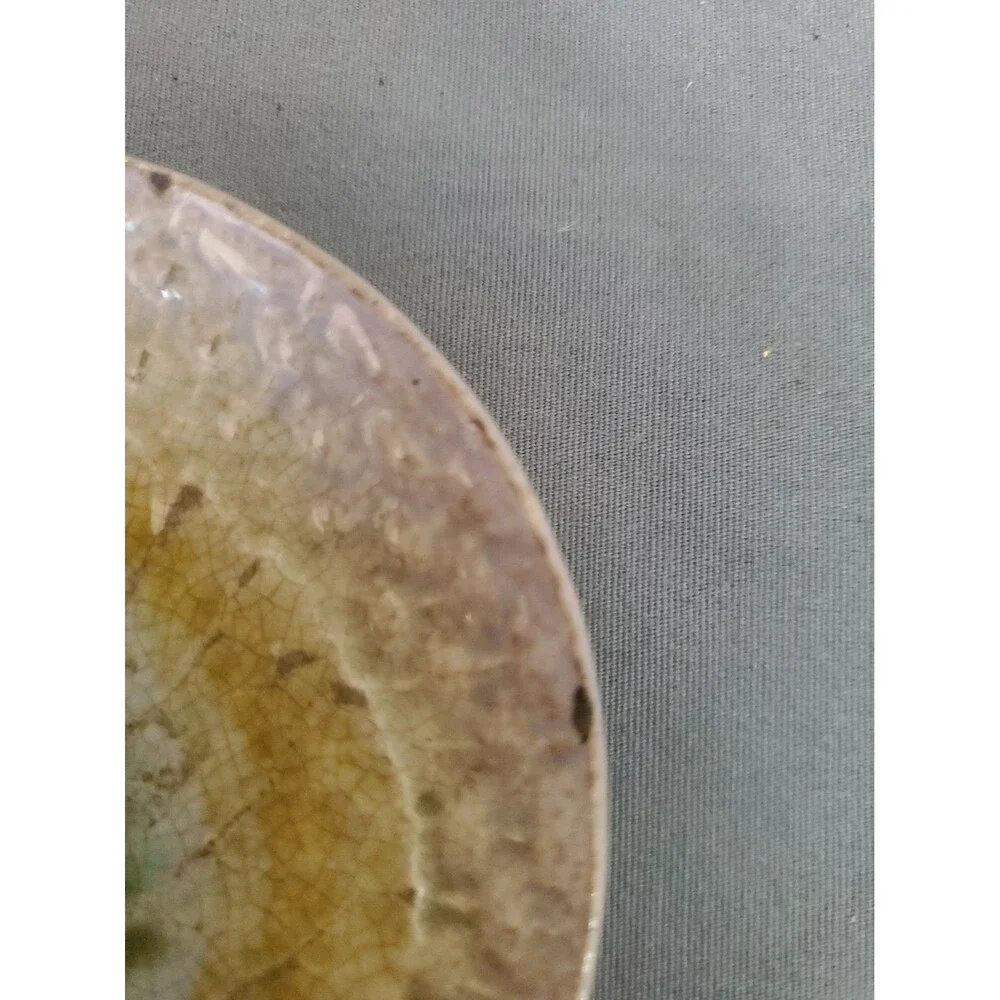Antique Majolica Butter Pat Yellow Green White & Blue Leaf